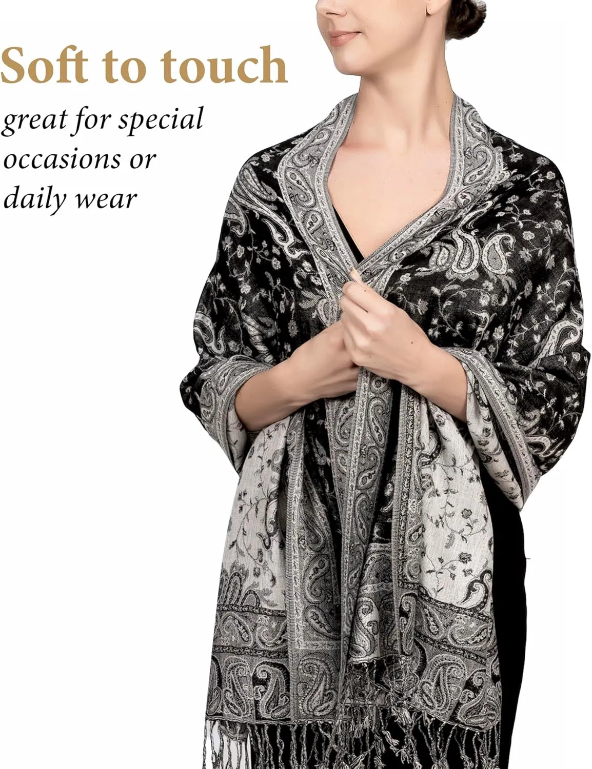 Achillea Reversible Paisley Pashmina Rave Scarf, Shawls and Wraps for Evening Dresses, Exotic Indian Scarves for All Season