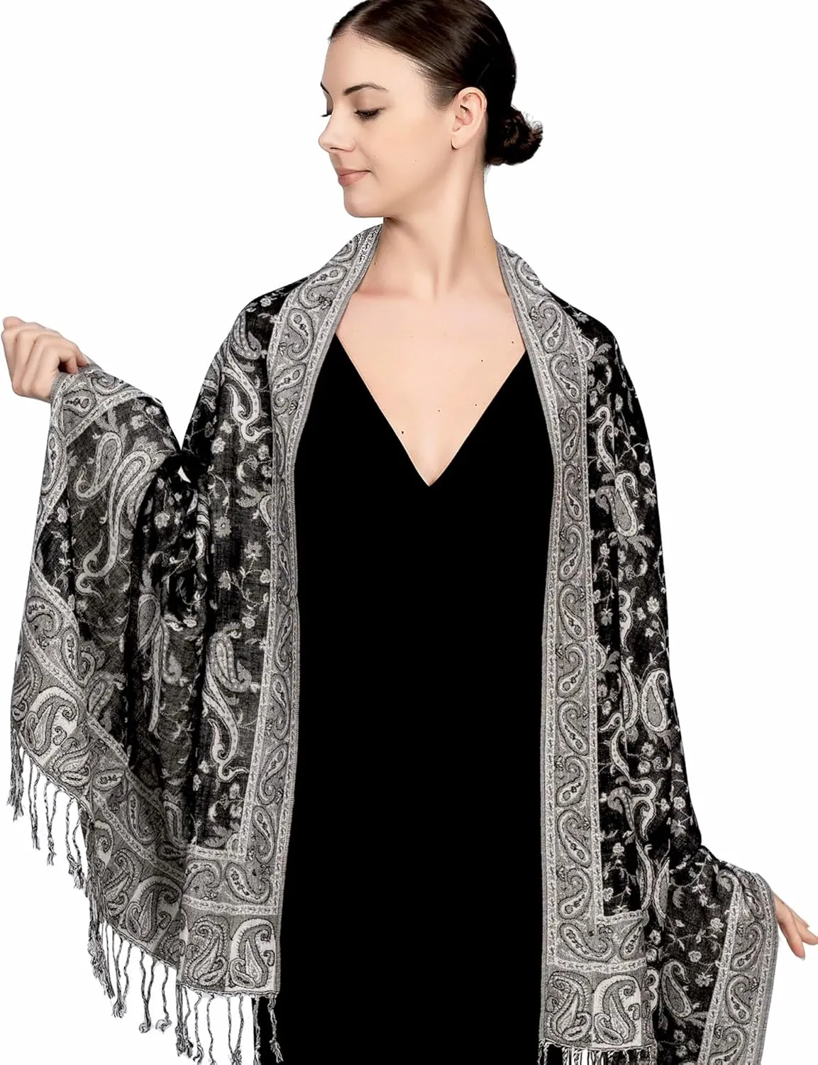 Achillea Reversible Paisley Pashmina Rave Scarf, Shawls and Wraps for Evening Dresses, Exotic Indian Scarves for All Season