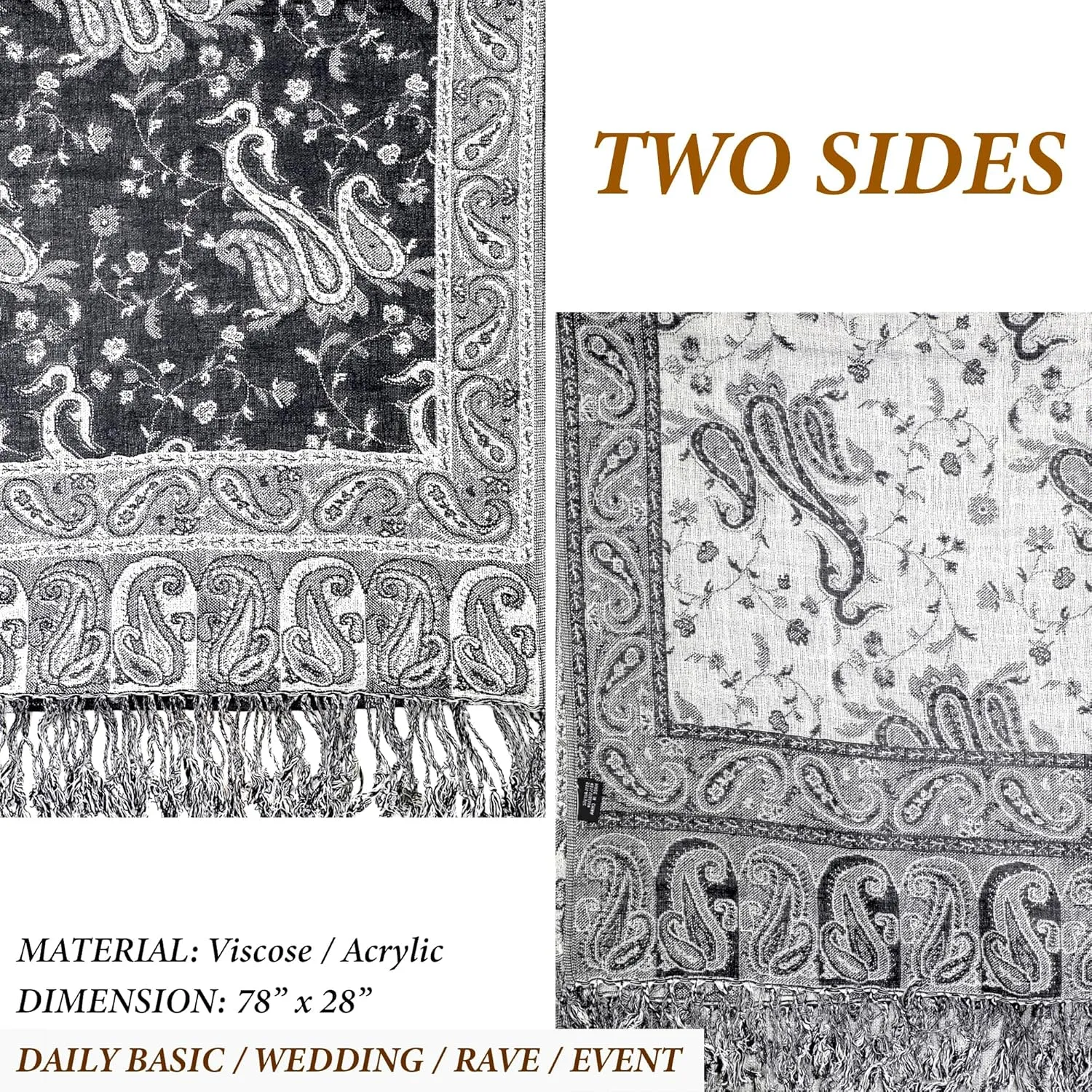 Achillea Reversible Paisley Pashmina Rave Scarf, Shawls and Wraps for Evening Dresses, Exotic Indian Scarves for All Season