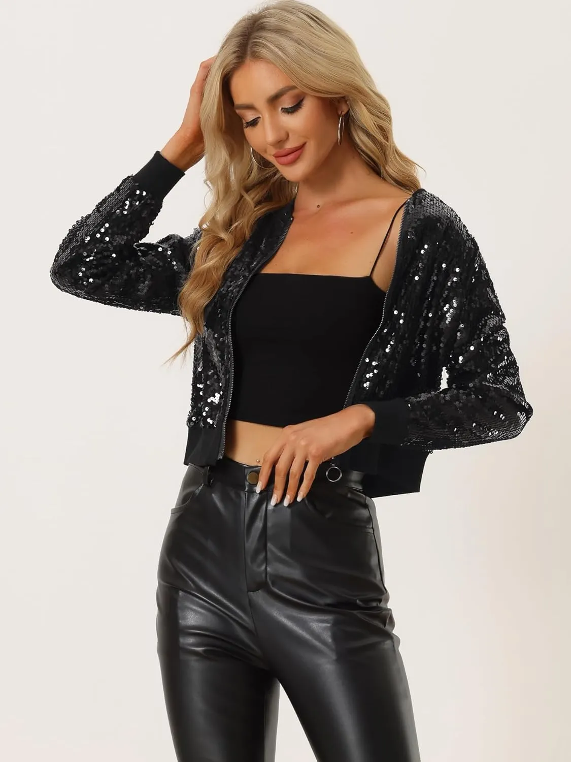 Allegra K Women Halloween Sequin Jackets 2025 Fall Glitter Shiny Party Sparkly Bomber Jacket