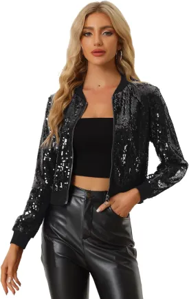 Allegra K Women Halloween Sequin Jackets 2025 Fall Glitter Shiny Party Sparkly Bomber Jacket