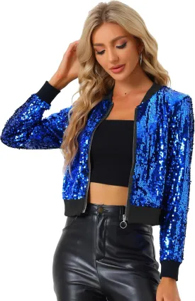 Allegra K Women Halloween Sequin Jackets 2025 Fall Glitter Shiny Party Sparkly Bomber Jacket