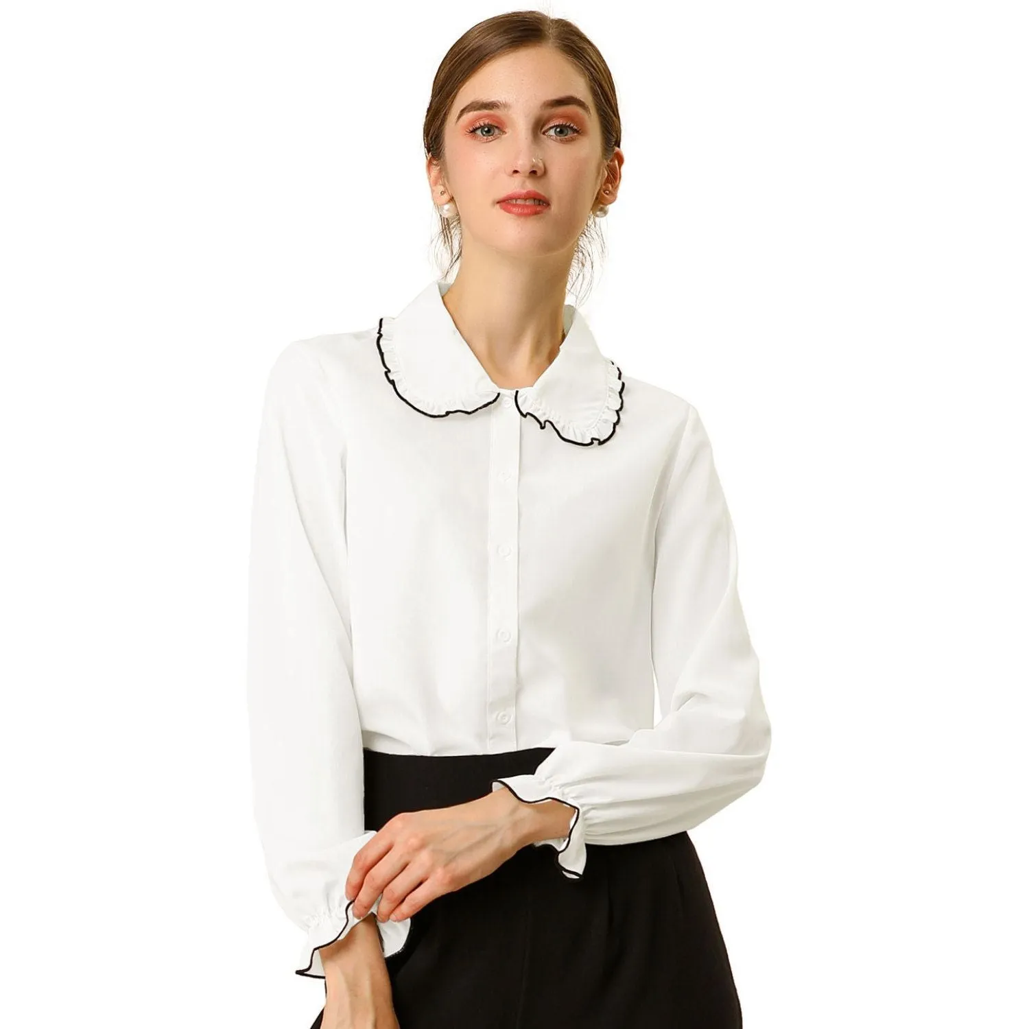 ALLEGRA K Women's Button Down Work Shirts with Peter Pan Collar and Ruffle white