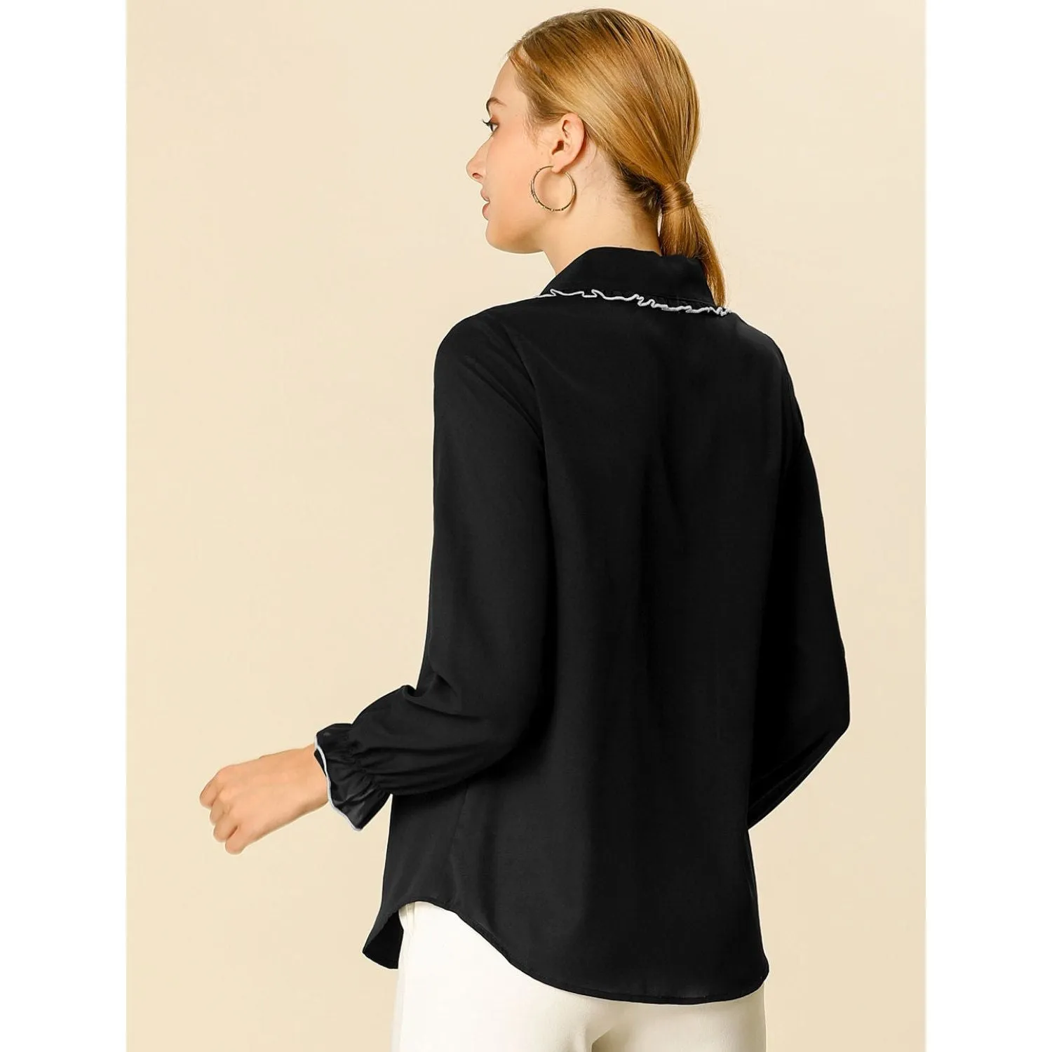 ALLEGRA K Women's Button Down Work Shirts with Peter Pan Collar and Ruffle white
