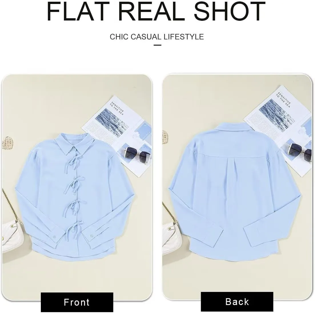 Astylish Womens V Neck Long Sleeve Blouse Button Down Solid Color Shirts Bow Tie Front Trendy Top