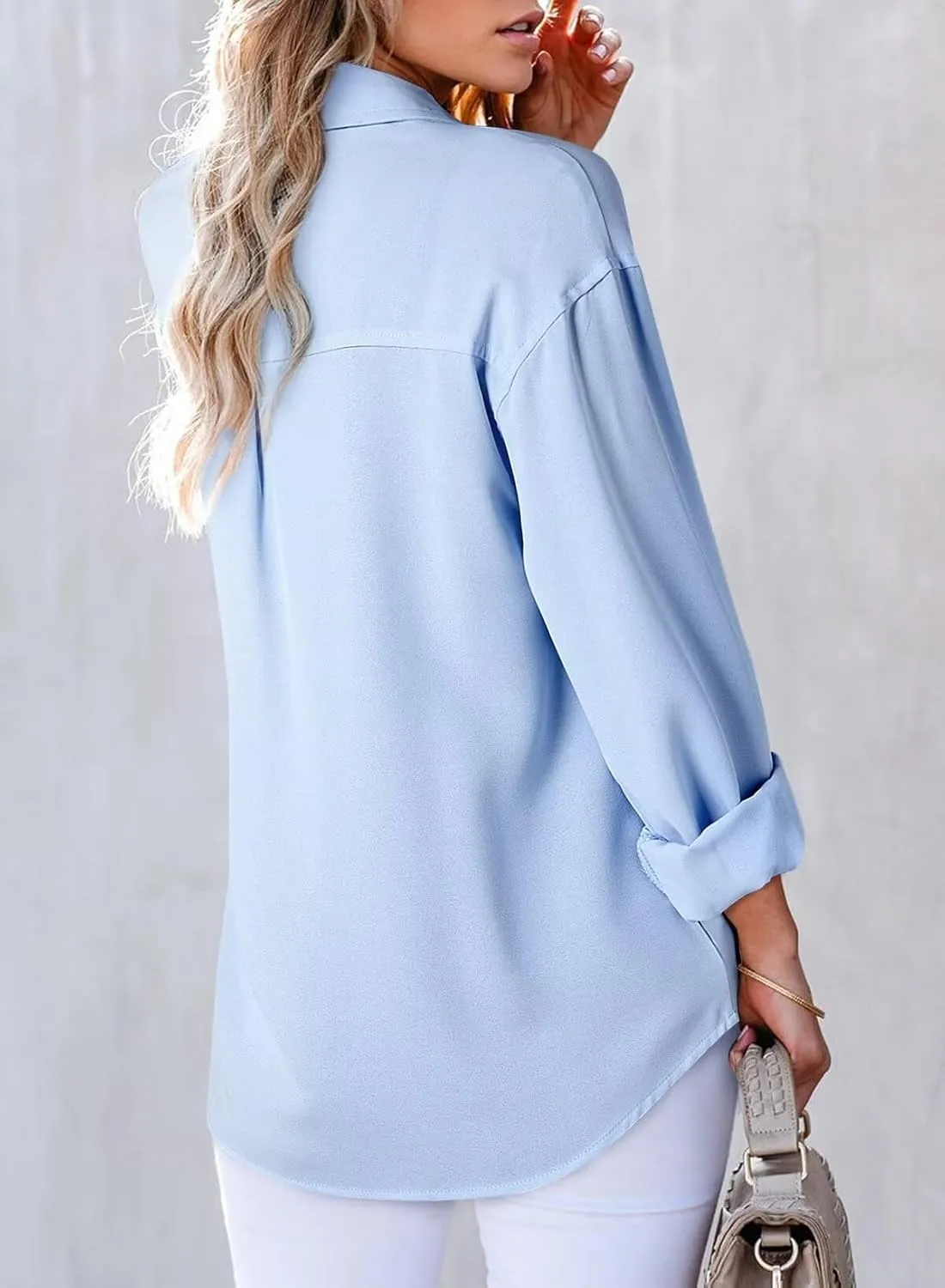 Astylish Womens V Neck Long Sleeve Blouse Button Down Solid Color Shirts Bow Tie Front Trendy Top