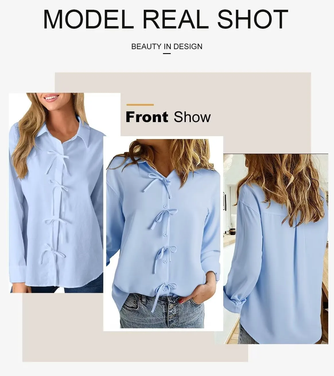 Astylish Womens V Neck Long Sleeve Blouse Button Down Solid Color Shirts Bow Tie Front Trendy Top