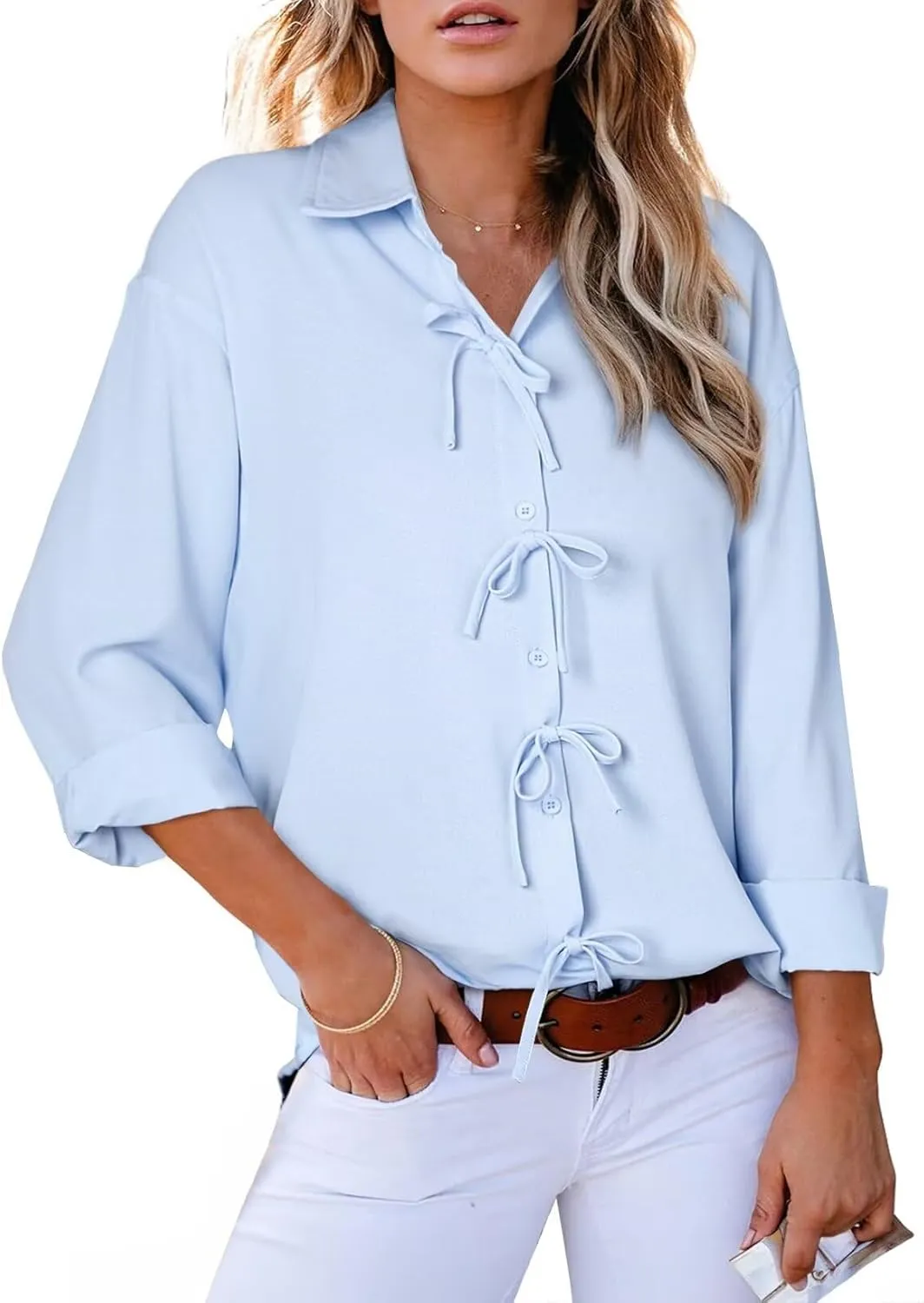 Astylish Womens V Neck Long Sleeve Blouse Button Down Solid Color Shirts Bow Tie Front Trendy Top