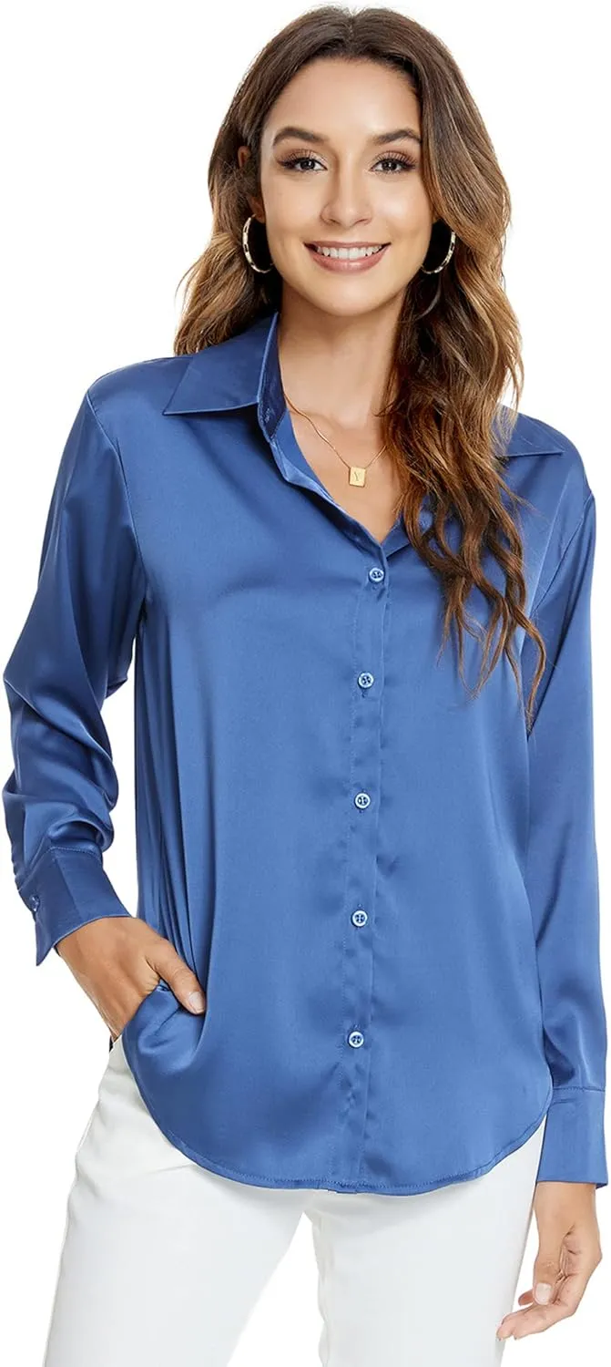 Atnlewhi Womens Long Sleeve Button Down Satin Silk Shirts Casual Business Office Work Blouses Tops