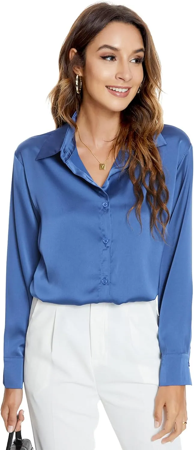 Atnlewhi Womens Long Sleeve Button Down Satin Silk Shirts Casual Business Office Work Blouses Tops