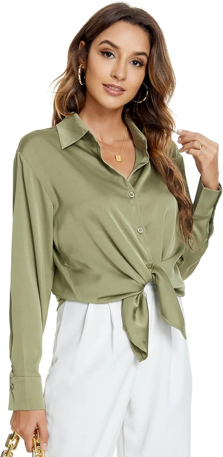 Atnlewhi Womens Long Sleeve Button Down Satin Silk Shirts Casual Business Office Work Blouses Tops