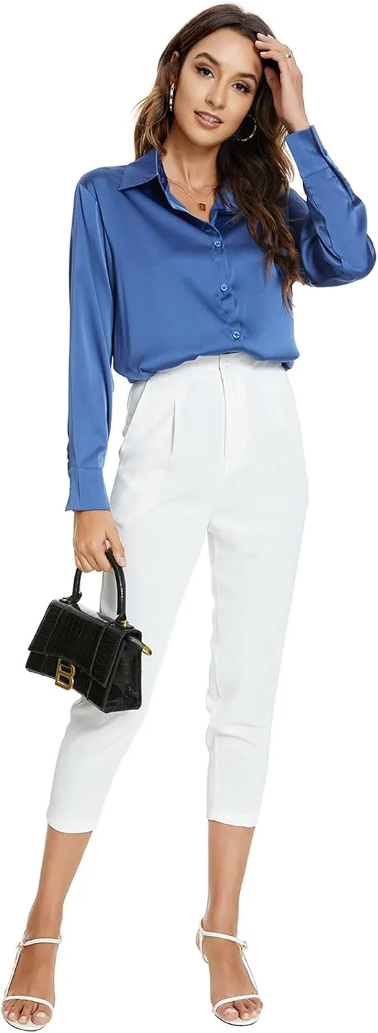 Atnlewhi Womens Long Sleeve Button Down Satin Silk Shirts Casual Business Office Work Blouses Tops
