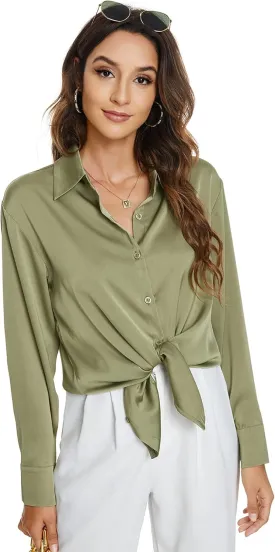 Atnlewhi Womens Long Sleeve Button Down Satin Silk Shirts Casual Business Office Work Blouses Tops