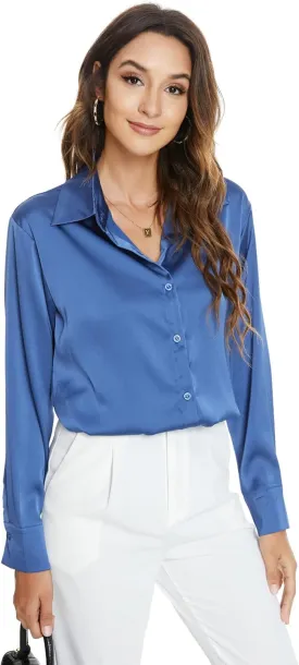 Atnlewhi Womens Long Sleeve Button Down Satin Silk Shirts Casual Business Office Work Blouses Tops