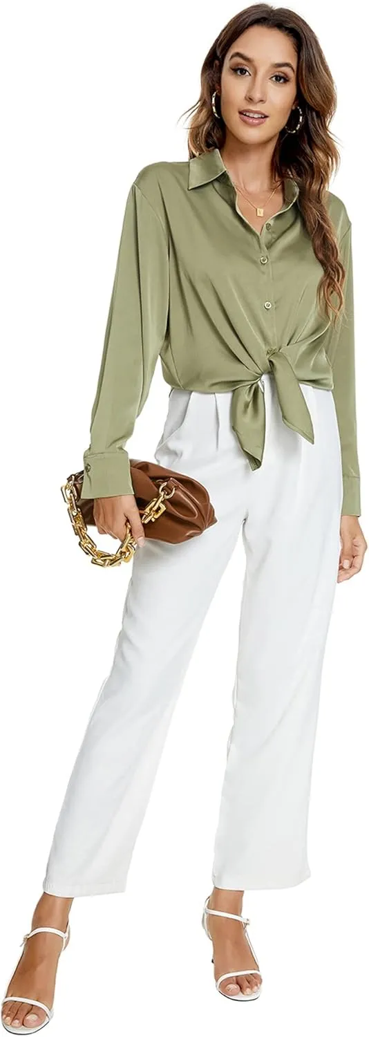 Atnlewhi Womens Long Sleeve Button Down Satin Silk Shirts Casual Business Office Work Blouses Tops