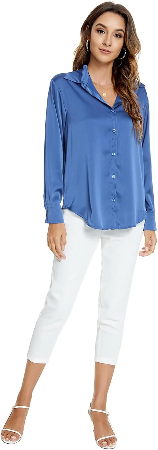 Atnlewhi Womens Long Sleeve Button Down Satin Silk Shirts Casual Business Office Work Blouses Tops