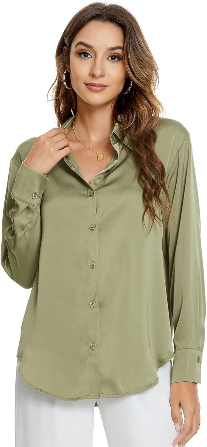 Atnlewhi Womens Long Sleeve Button Down Satin Silk Shirts Casual Business Office Work Blouses Tops