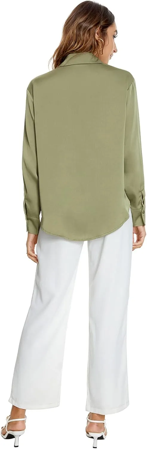 Atnlewhi Womens Long Sleeve Button Down Satin Silk Shirts Casual Business Office Work Blouses Tops