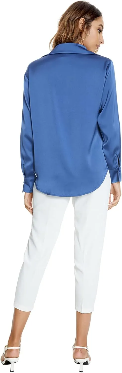 Atnlewhi Womens Long Sleeve Button Down Satin Silk Shirts Casual Business Office Work Blouses Tops