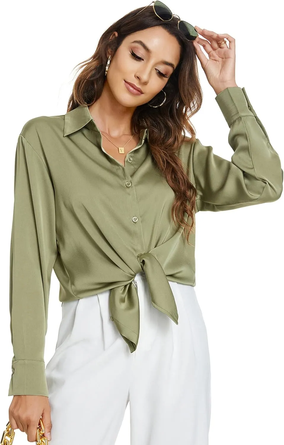 Atnlewhi Womens Long Sleeve Button Down Satin Silk Shirts Casual Business Office Work Blouses Tops