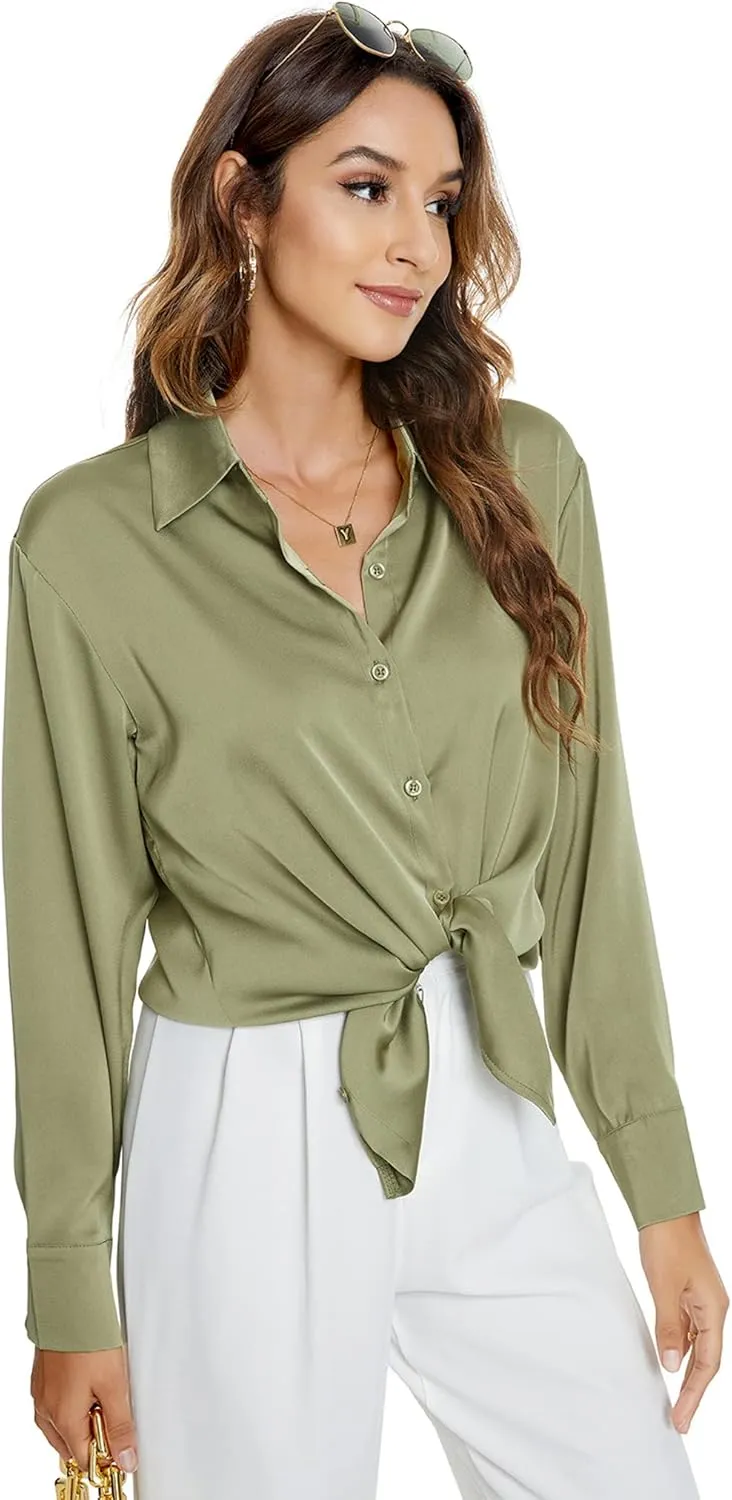 Atnlewhi Womens Long Sleeve Button Down Satin Silk Shirts Casual Business Office Work Blouses Tops