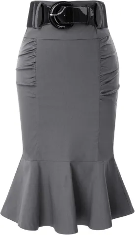 Belle Poque Womens High Waisted Peplum Midi Pencil Skirt Work Business Skirts with Belt