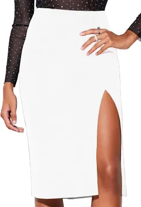 Cantonwalker Women's High Waist Front Slit Bodycon Fit Stretch Satin Work Midi Skirts 0243
