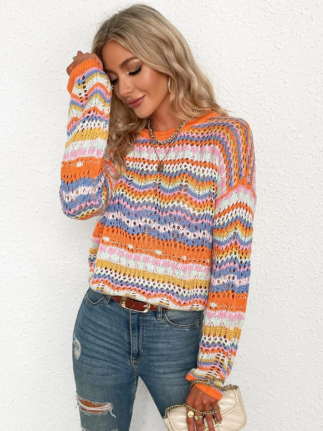 CORIRESHA Women's Y2K Colorful Stripes Crochet Sheer Long Sleeve Casual Knit Pullover Sweater