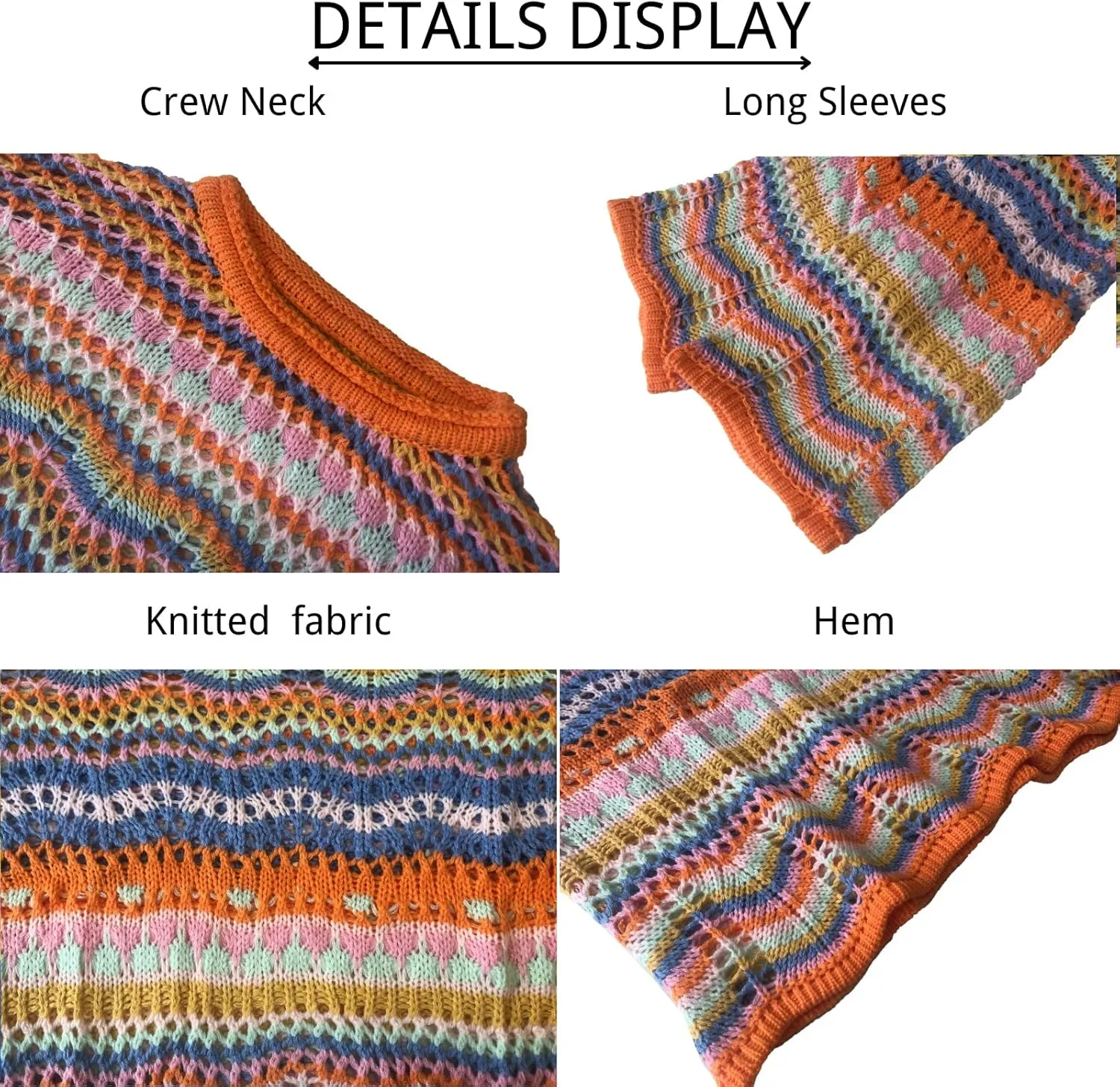 CORIRESHA Women's Y2K Colorful Stripes Crochet Sheer Long Sleeve Casual Knit Pullover Sweater