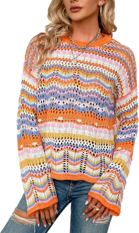 CORIRESHA Women's Y2K Colorful Stripes Crochet Sheer Long Sleeve Casual Knit Pullover Sweater