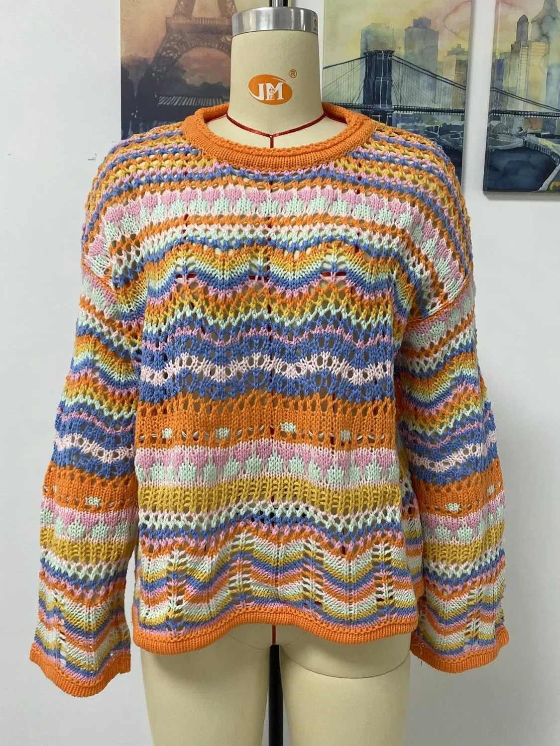 CORIRESHA Women's Y2K Colorful Stripes Crochet Sheer Long Sleeve Casual Knit Pullover Sweater