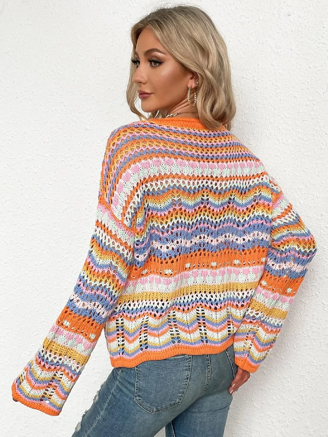 CORIRESHA Women's Y2K Colorful Stripes Crochet Sheer Long Sleeve Casual Knit Pullover Sweater