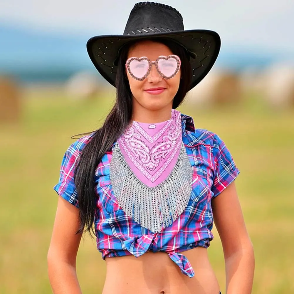 Cowgirl Bachelorette Bandanas Disco Rhinestone Fringe & Heart Sunglasses Paisley Pattern Bandanas Face Mask Scarf