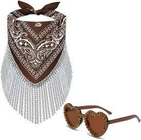 Cowgirl Bachelorette Bandanas Disco Rhinestone Fringe & Heart Sunglasses Paisley Pattern Bandanas Face Mask Scarf