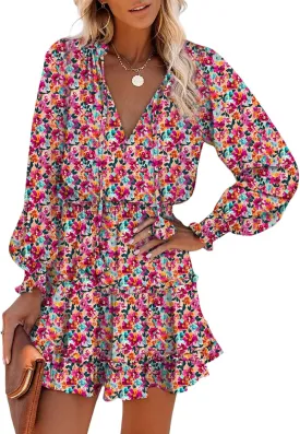 Dokotoo Spring Dresses for 2025 Boho Floral Drawstring V Neck Smocked Long Sleeve Ruffle Tiered Chiffon Mini Short Dress