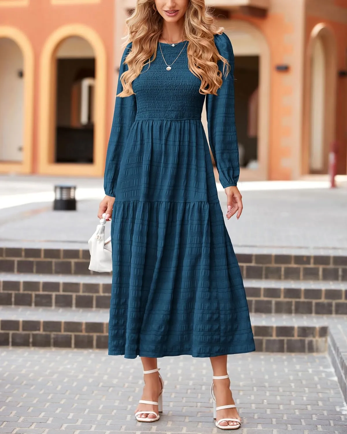 dowerme Women's Spring Dresses 2025 Long Sleeve Crewneck Smocked Tiered Flowy Boho Maxi Sundress Beach Vacation Clothes