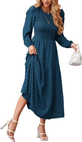 dowerme Women's Spring Dresses 2025 Long Sleeve Crewneck Smocked Tiered Flowy Boho Maxi Sundress Beach Vacation Clothes