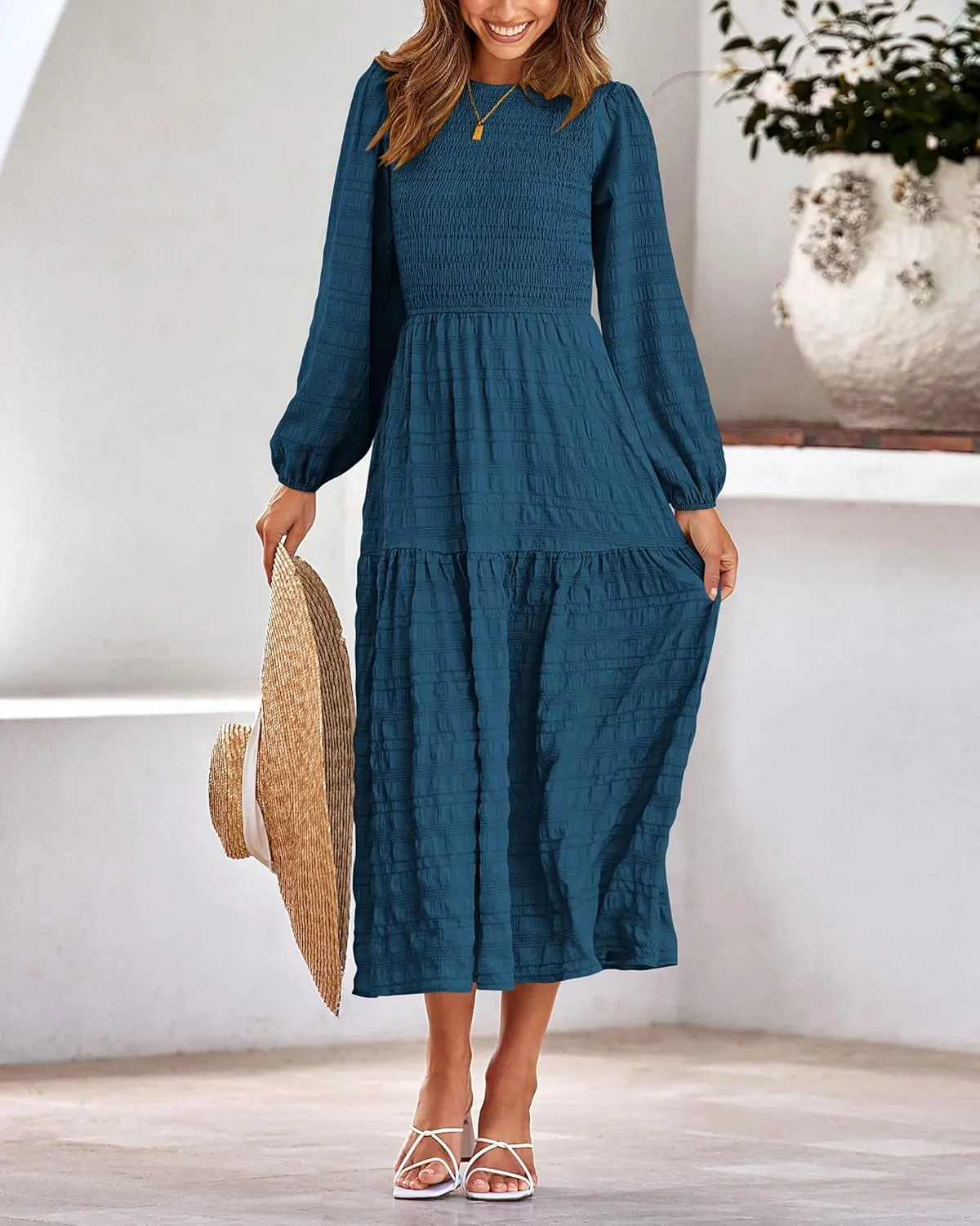 dowerme Women's Spring Dresses 2025 Long Sleeve Crewneck Smocked Tiered Flowy Boho Maxi Sundress Beach Vacation Clothes