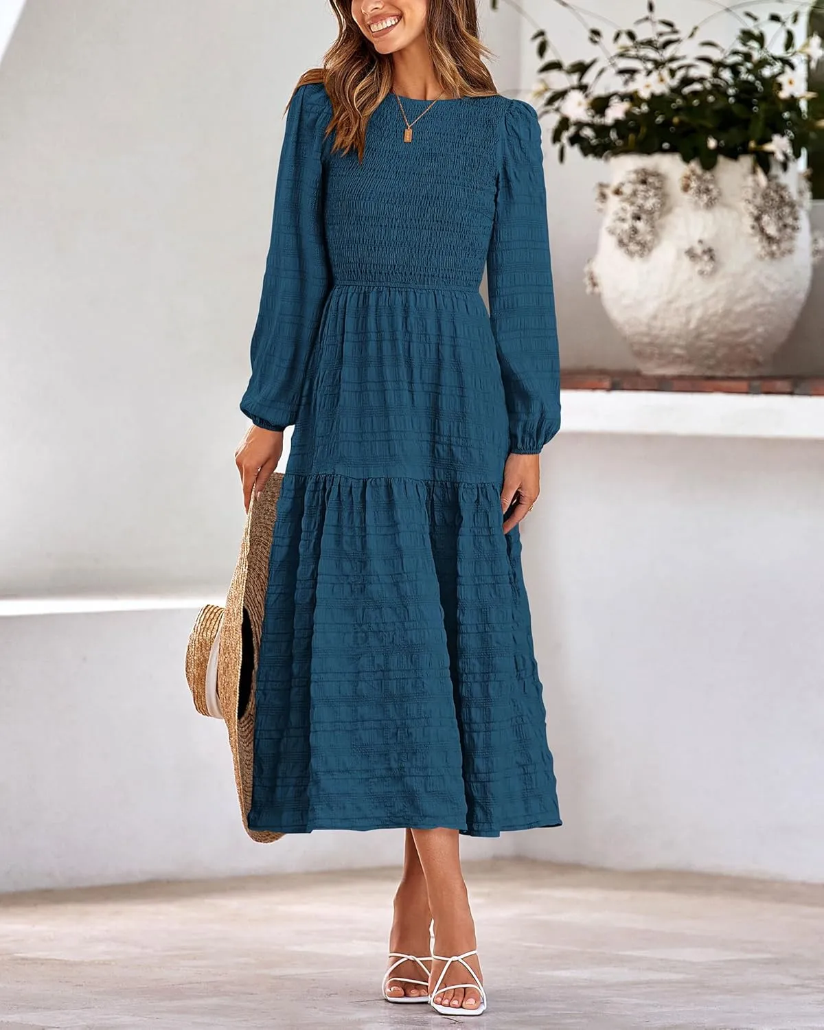 dowerme Women's Spring Dresses 2025 Long Sleeve Crewneck Smocked Tiered Flowy Boho Maxi Sundress Beach Vacation Clothes