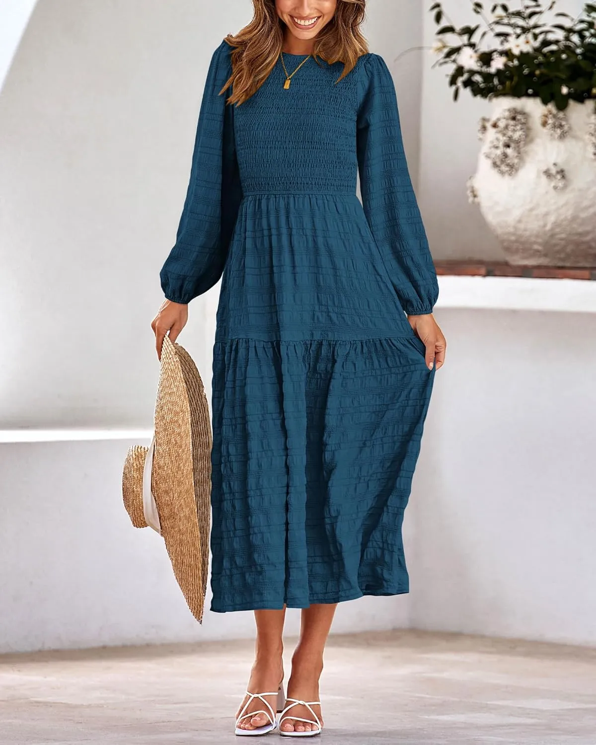 dowerme Women's Spring Dresses 2025 Long Sleeve Crewneck Smocked Tiered Flowy Boho Maxi Sundress Beach Vacation Clothes