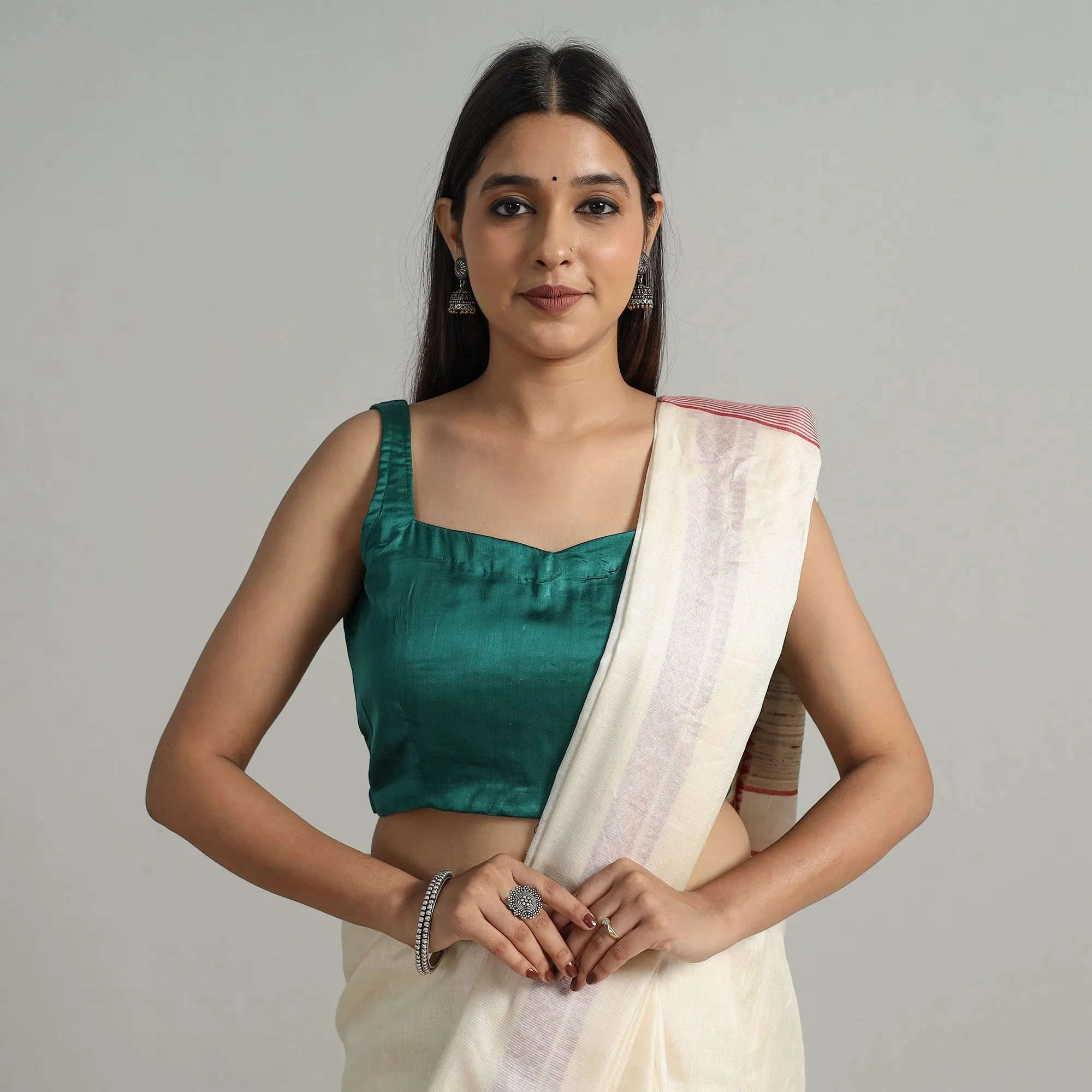 Green - Modal Silk Plain Stitched Blouse 11