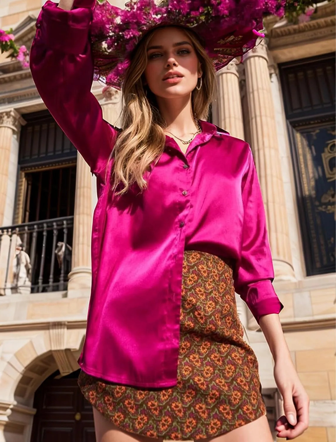 HOTOUCH Women's Satin Silk Shirts Button Down V Neck Dressy Casual Blouse Loose Long Sleeve Office Work Tunic Tops