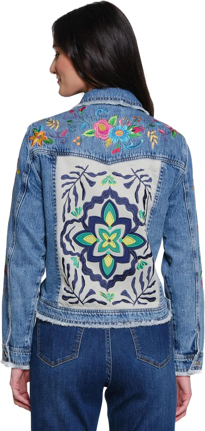 John Mark Women's Embroidered Denim Jacket with Fraying Details