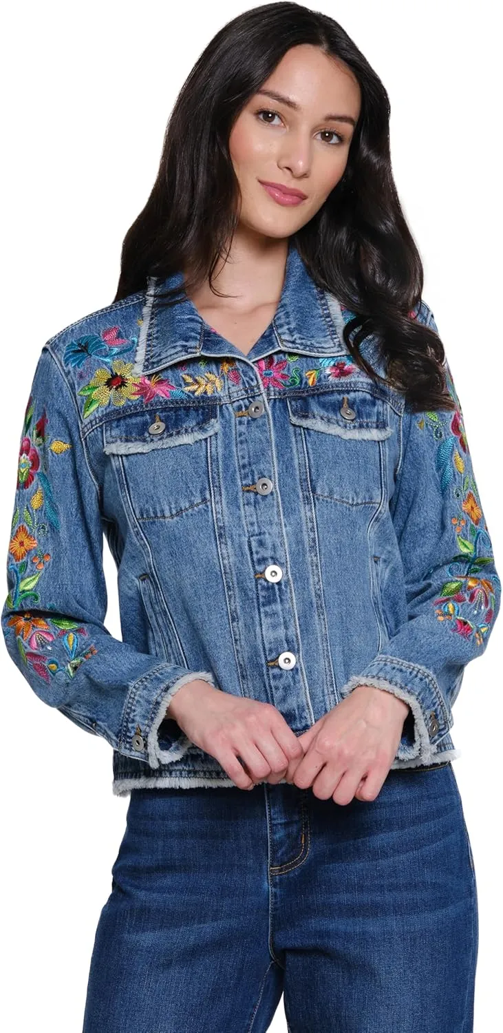 John Mark Women's Embroidered Denim Jacket with Fraying Details