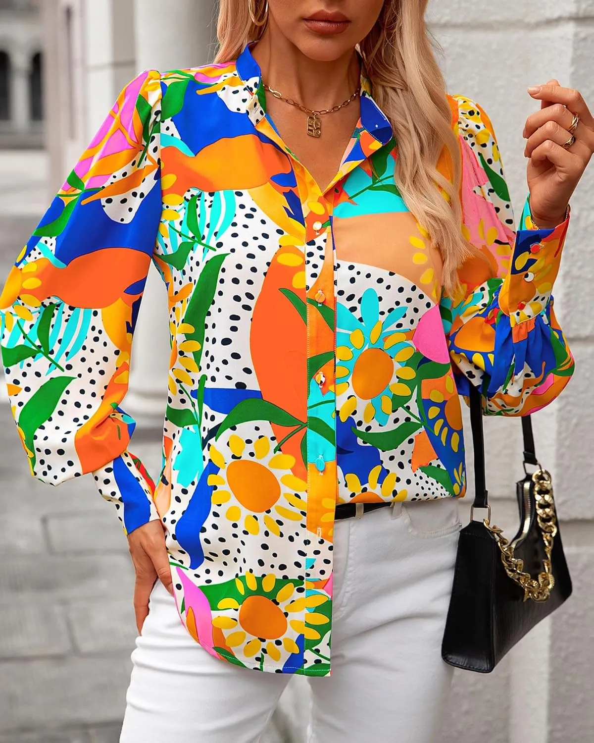 KIRUNDO Boho Tops for Women Blouses Dressy Casual Long Sleeve Floral Button Down Shirts 2025 Summer Spring Date Outfits