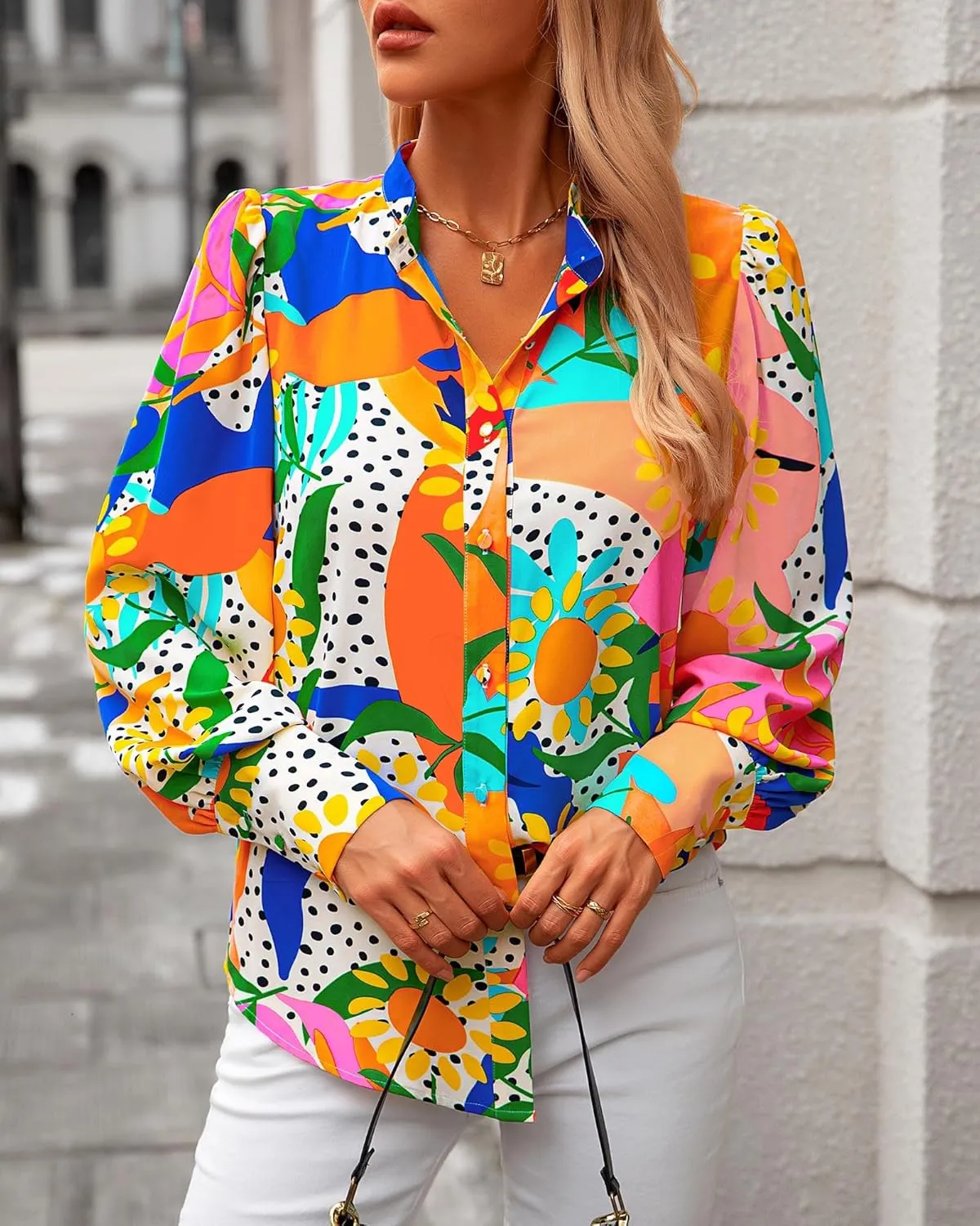 KIRUNDO Boho Tops for Women Blouses Dressy Casual Long Sleeve Floral Button Down Shirts 2025 Summer Spring Date Outfits