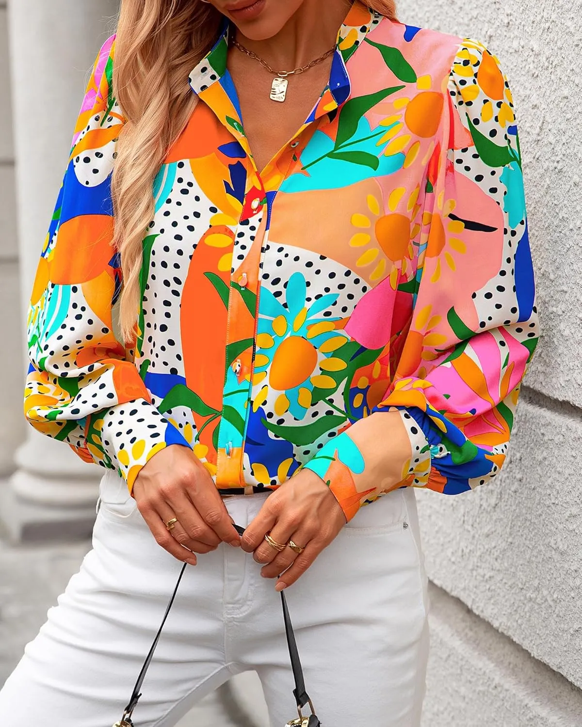 KIRUNDO Boho Tops for Women Blouses Dressy Casual Long Sleeve Floral Button Down Shirts 2025 Summer Spring Date Outfits