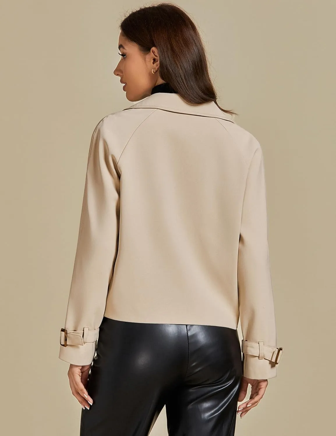 luvamia Cropped Trench Coat for Women Long Sleeve Double Breasted Notched Lapel Casual Loose Fit Jackets with Pockets