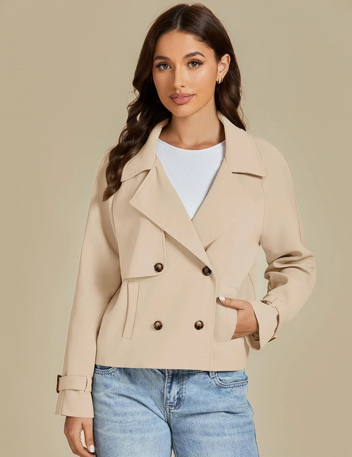 luvamia Cropped Trench Coat for Women Long Sleeve Double Breasted Notched Lapel Casual Loose Fit Jackets with Pockets