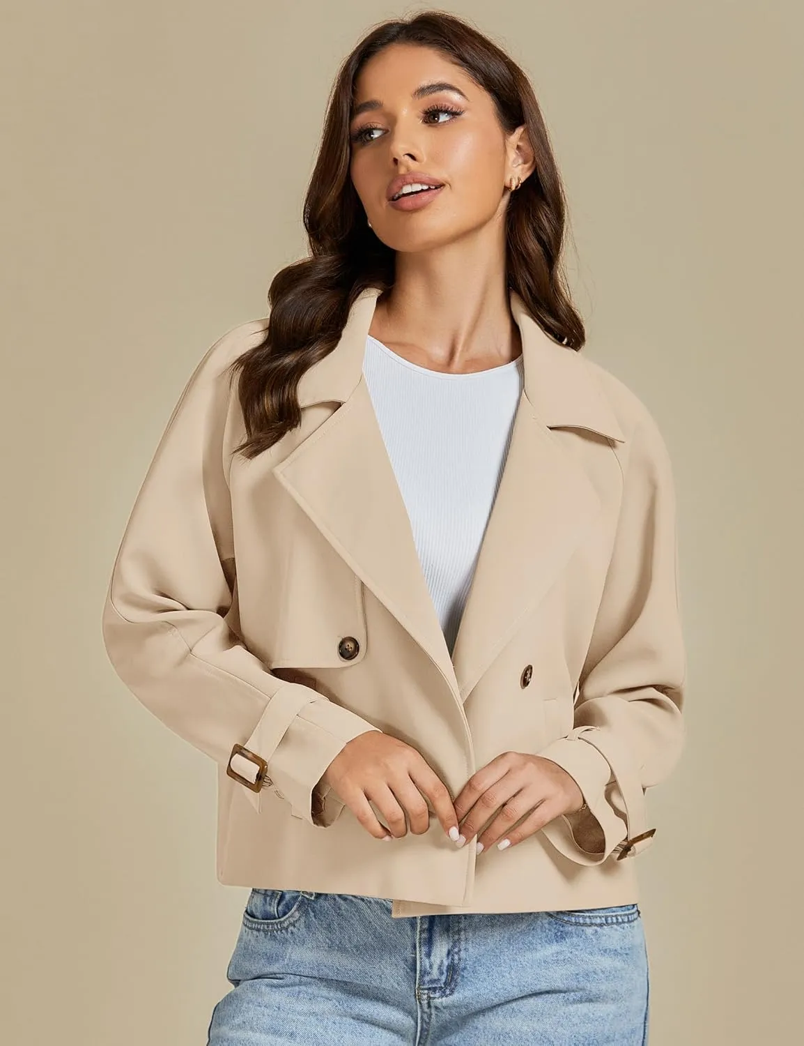 luvamia Cropped Trench Coat for Women Long Sleeve Double Breasted Notched Lapel Casual Loose Fit Jackets with Pockets